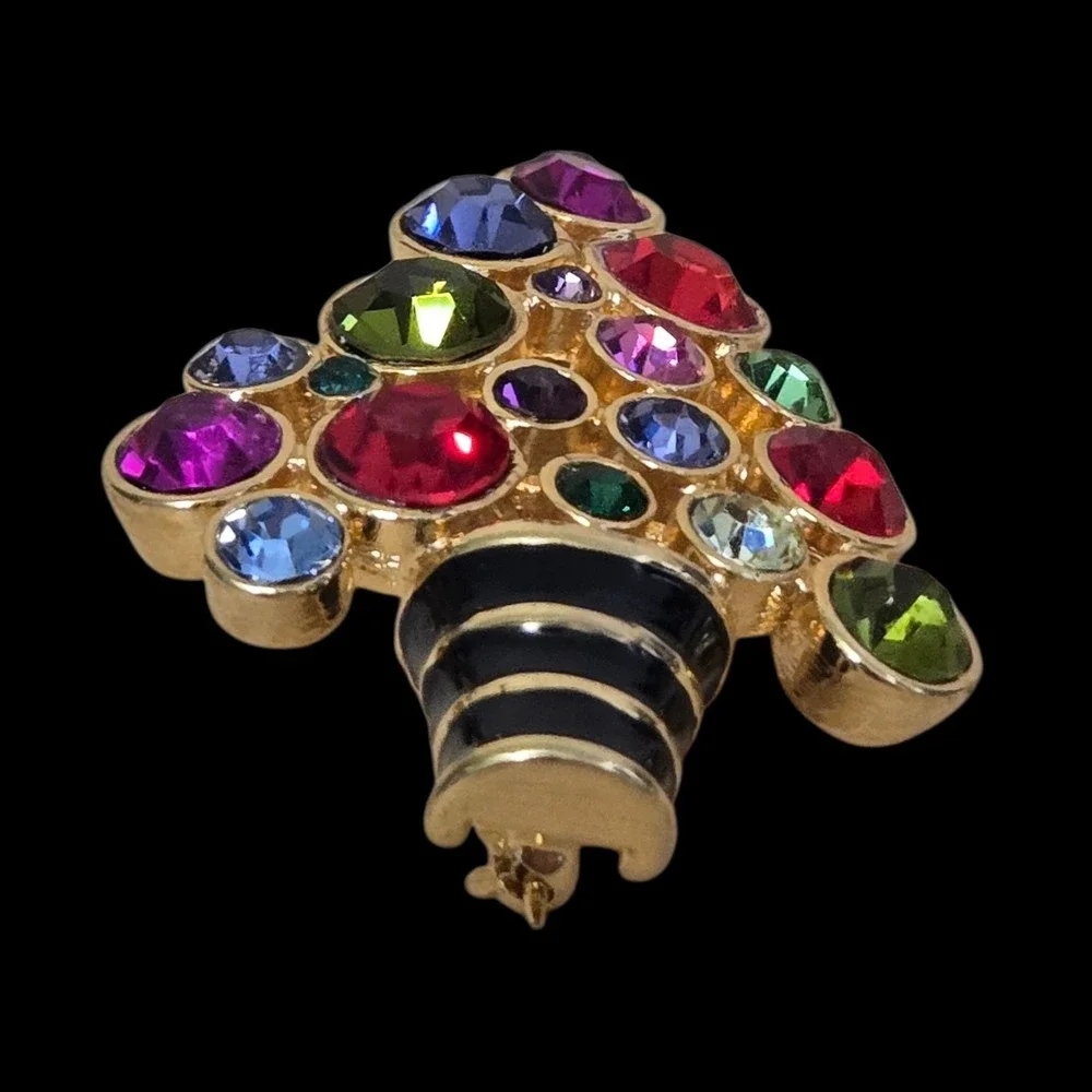 Joan Rivers Multicolor Rhinestone Enamel Christmas Tree Brooch Gold Tone Pin Vtg